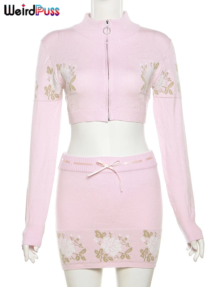 Sweet Women 2 Piece Set Casual Flowers Zipper Crop Tops+Mini Skirts Matching Streetwear Knit Autumn Matching Suits