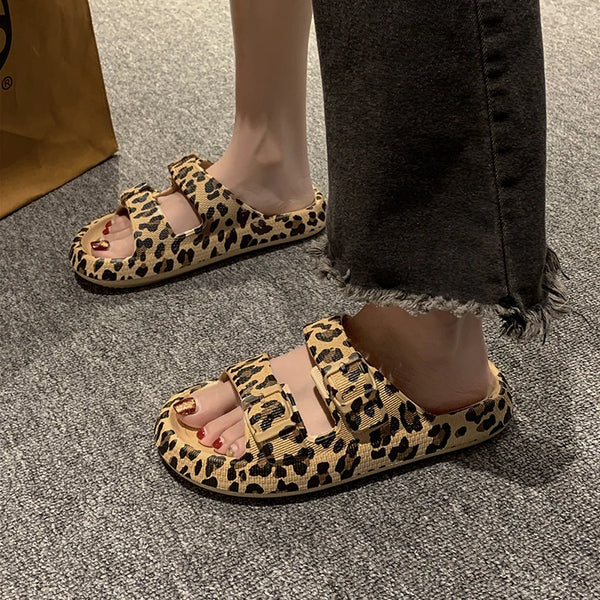 Leopard Print Platform Slippers Casual Thick Sole Indoor and Outdoor Sandals Beach Shoes