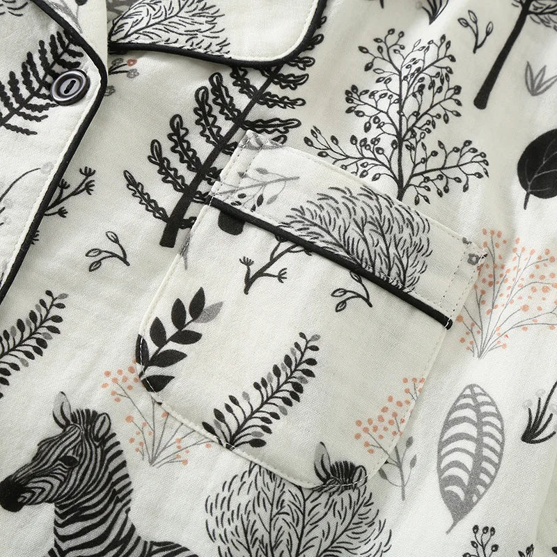 Zebra Print Pajamas for Women Turn-down Collar Lace Cuffs Long-sleeved  Trousers Loose Loungewear Cotton Double-layer Set