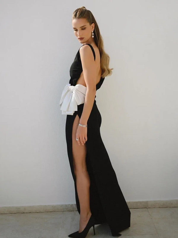 Long Sleeve Bow Tie Backless Black Maxi Long Dress