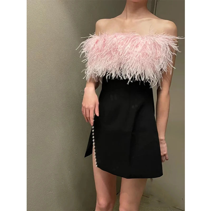 Sweet High Waist Sleeveless Feather Stitching Slim Fit Party Short Dress