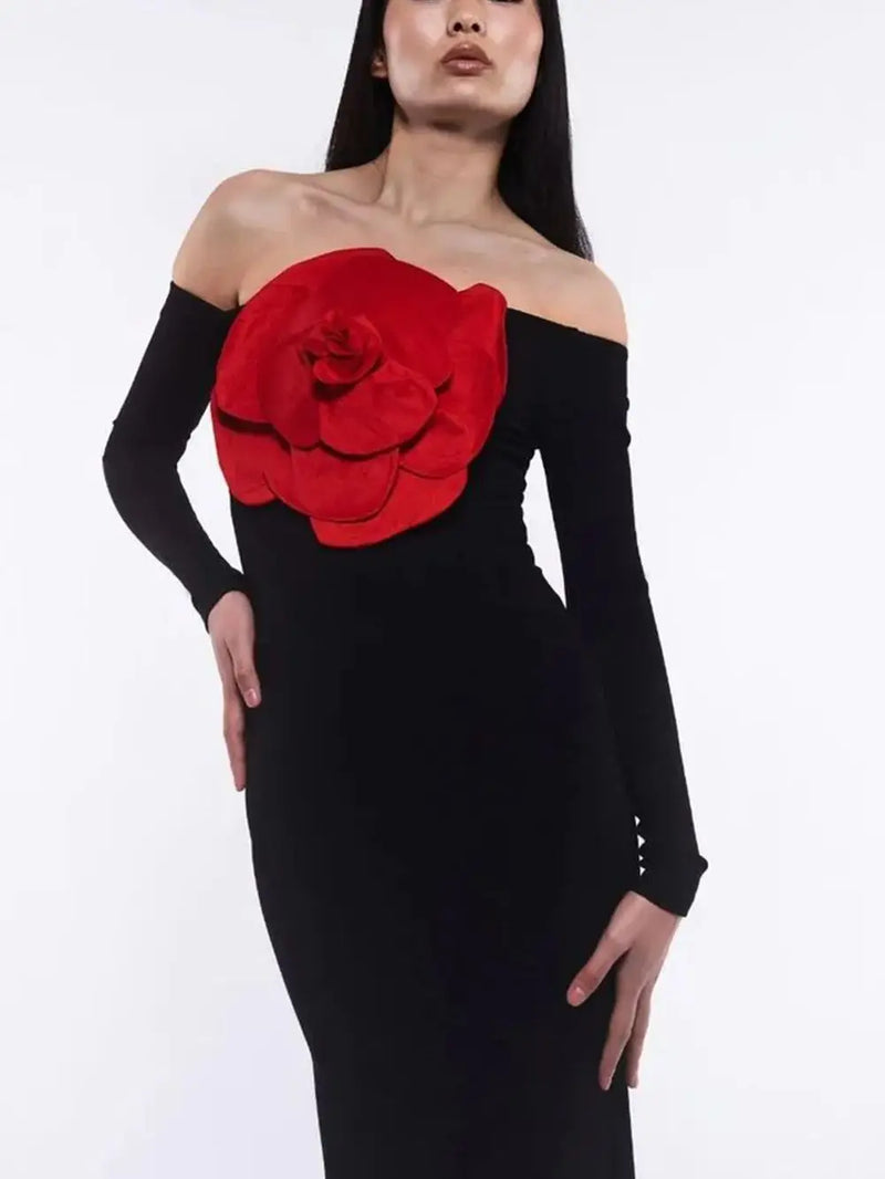 Winter New Women Luxury Off Shoulder Flower Cotton Black Long Gowns Celebrity Elegant Evening Party Club Dress