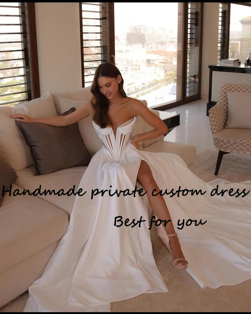 Vintage A Line Wedding Bride Dress Pleats Satin Long Beach Wedding Gowns