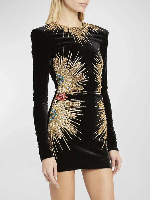 Newest Designer Fashion Women's Long Sleeve Stunning Sequined Rhinestone Diamonds Beaded Velvet Dress