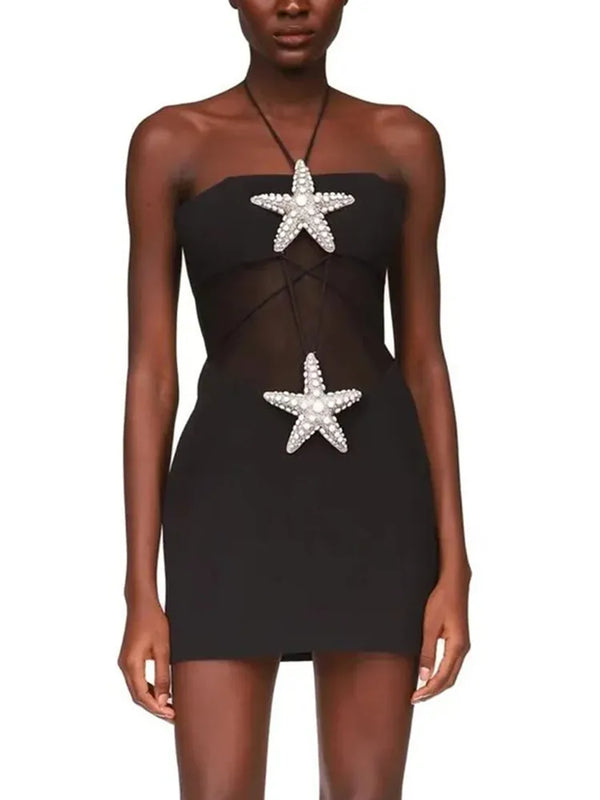 Backless Diamond Starfish Mesh Mini Tight Bandage Dress Elegant Celebrity Party Dress