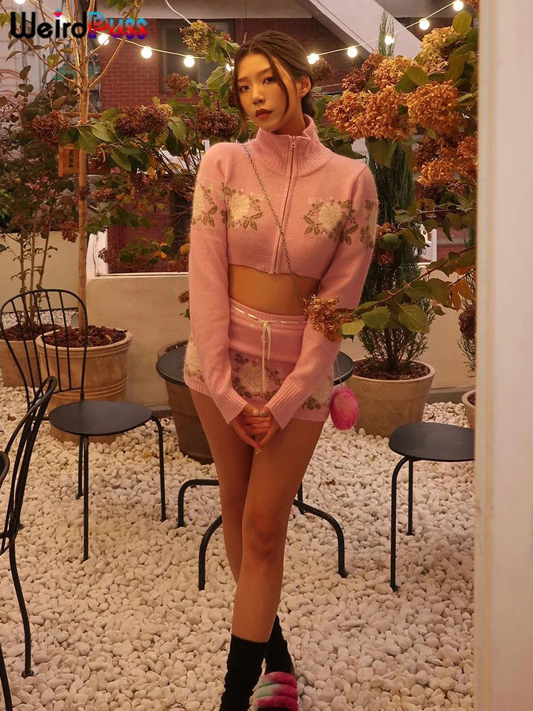 Sweet Women 2 Piece Set Casual Flowers Zipper Crop Tops+Mini Skirts Matching Streetwear Knit Autumn Matching Suits