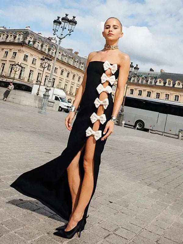 Black Bow Decor Slim Fit A-line Maxi Dress Off Shoulder Backless Side Split Long Vestidos Women Evening Prom Party Clothing