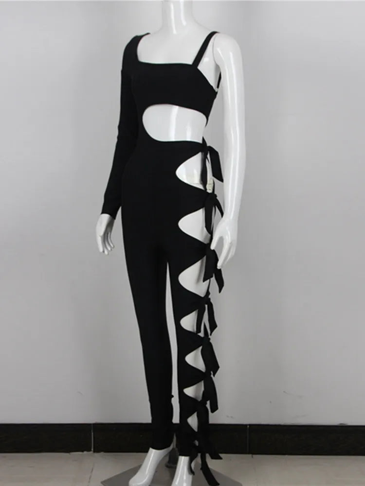 New Arrival Summer Style Long Sleeve Cut Out Black Bodycon Bandage Jumpsuit