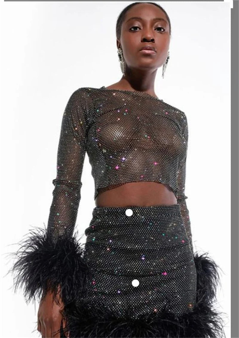 New Flash Diamond Mesh Cutout Long Sleeve 2 Pieces Sets