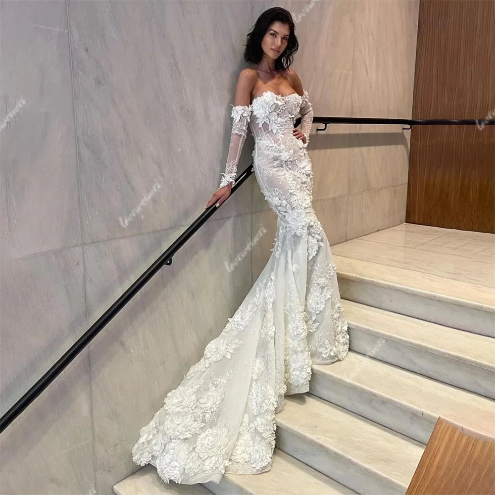 Modest Mermaid Lace Wedding Dresses Women Bride Dress Detachable Sleeve 3D Flowers Bridal Gown vestido de novia