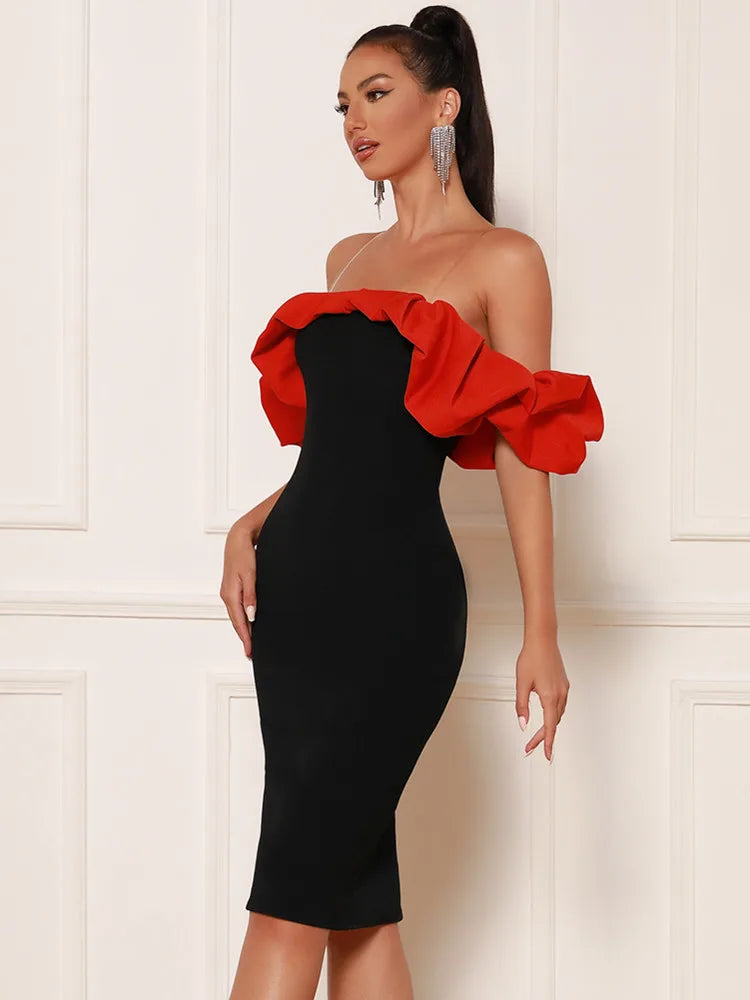 Off Shoulder Ruffles Patchwork Red Black Bodycon Midi Bandage Dress