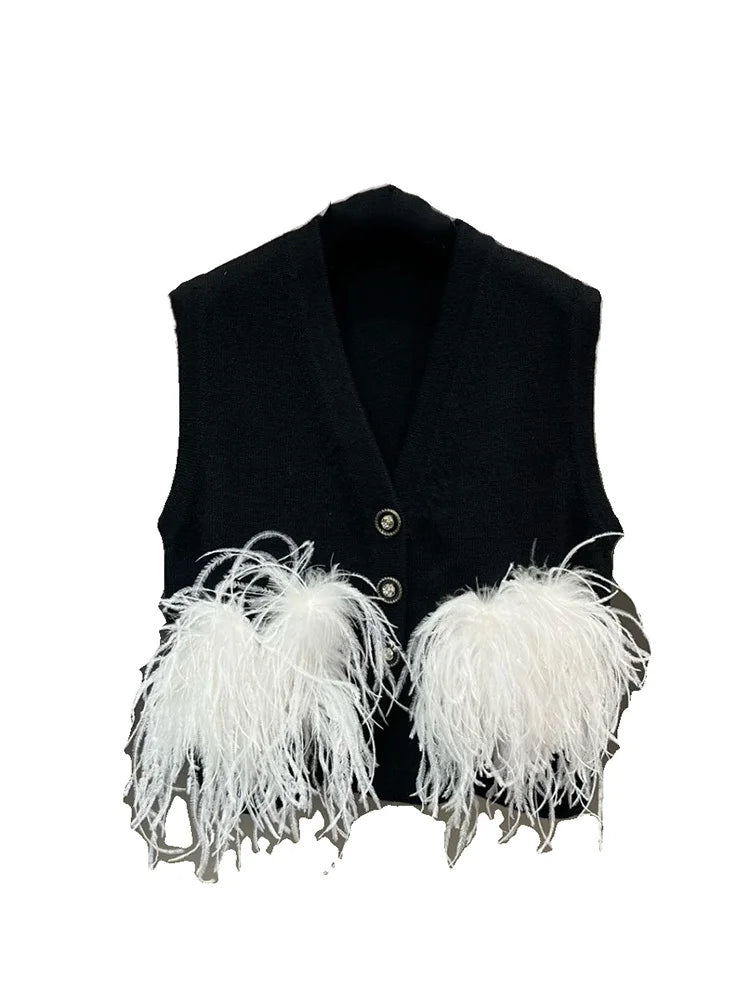 Feather Knitted Vest New V-neck Sleeveless Single Breasted Waistcoat