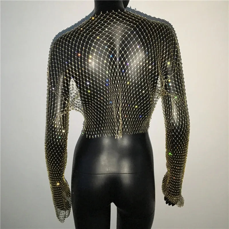 Mesh See Through T Shirt Shiny Rhinestone Fishnet Hollow Out Crop Top