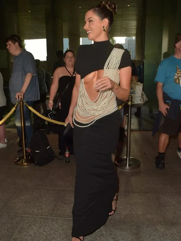 Luxury Pearl  Cut Out Black Velvet Celebrity Maxi Long Gowns Dress