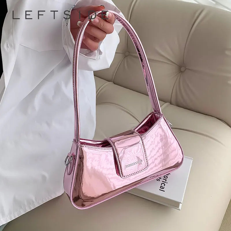 Small Pink Shoulder Bags for Women Spring Designer Silver Fashion Handbags Trend Leather Underarm Ladies Solid Color Gold