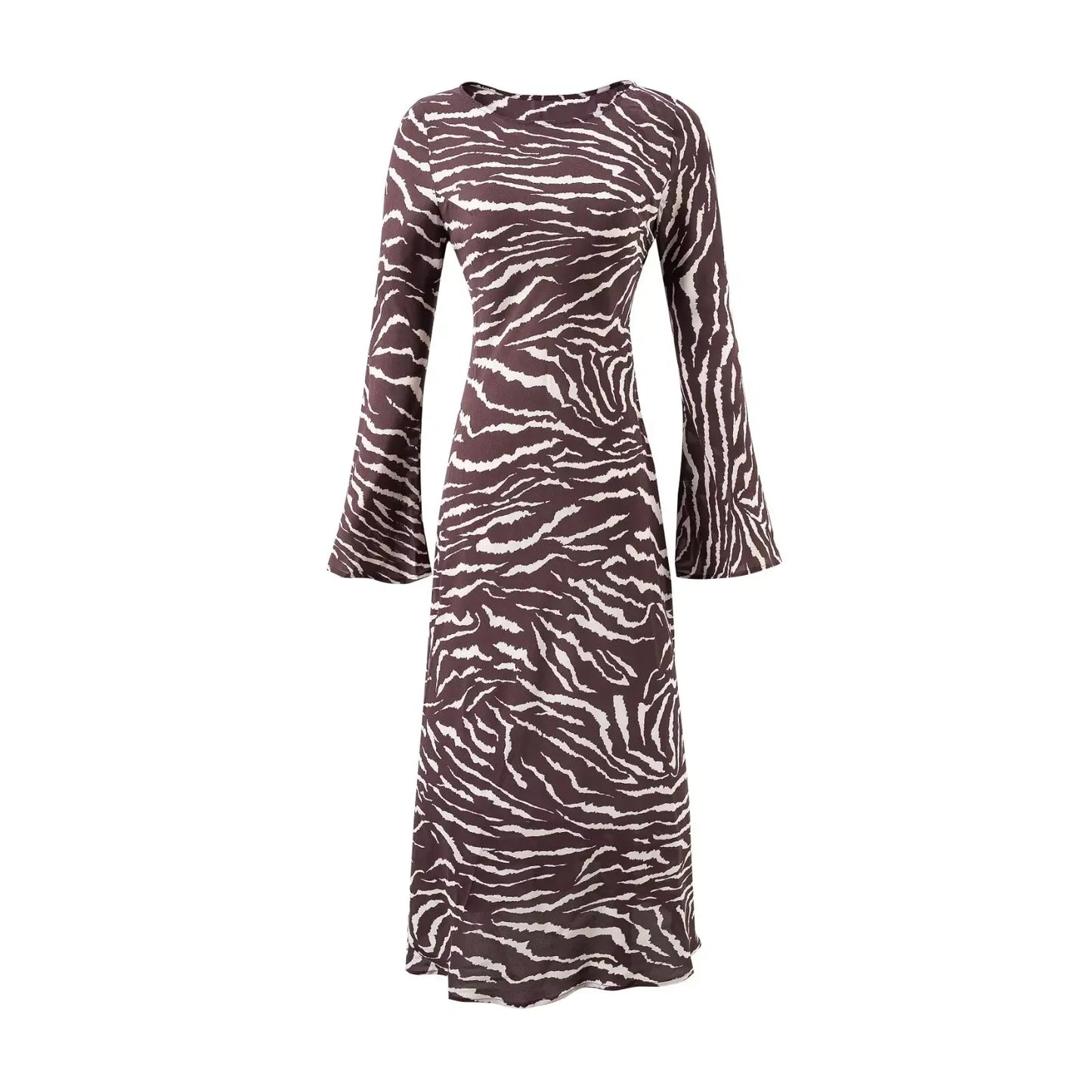 2025 Autumn Sexy Brown Zebra Stripes Print Full Flare Sleeve Long Dress Women O Neck Ankle Length Chiffon Dresses