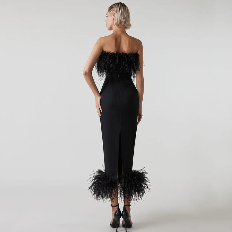 Bandage Feathers Strapless Long Dresses