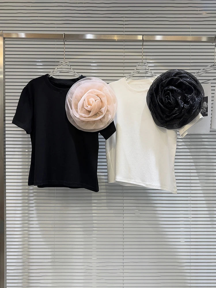 Patchwork 3D Mesh Flower T-shirt 2024 Spring Short Sleeve Round Collar Tops