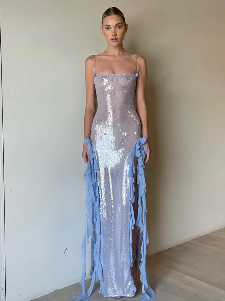 Luxury Flower Mesh Sequins Sky Blue Glitter Maxi Long Gowns Dress