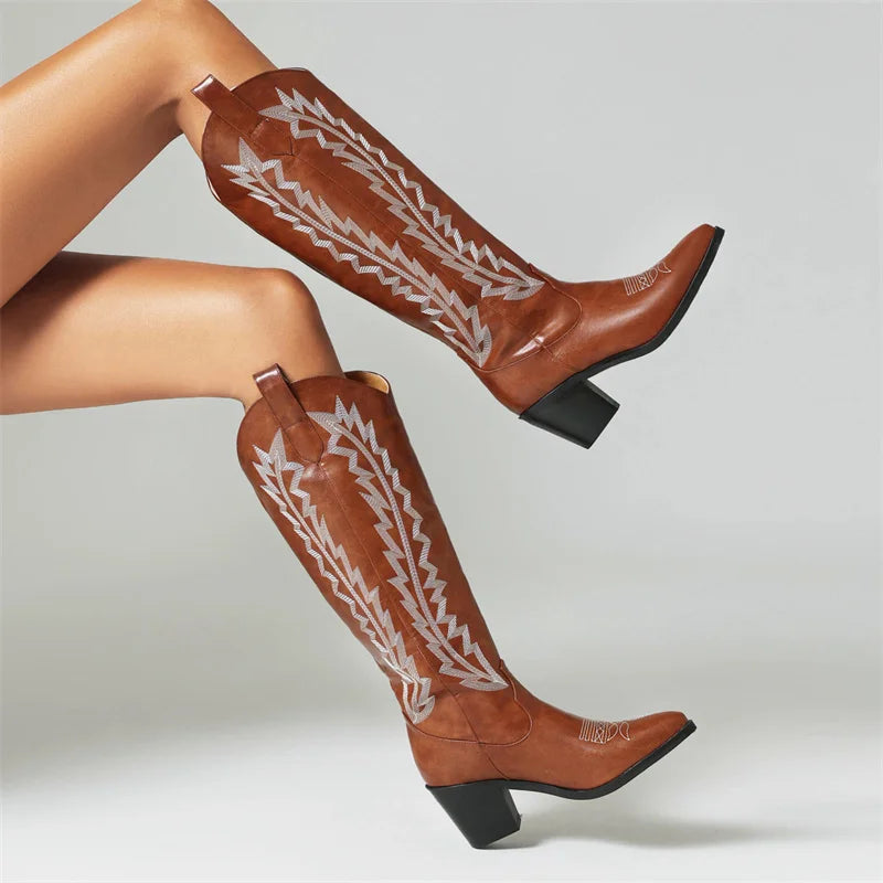 Botas Cowboy Western Knee High Boots Brown Chunky Heel Black Cowgirl Shoes