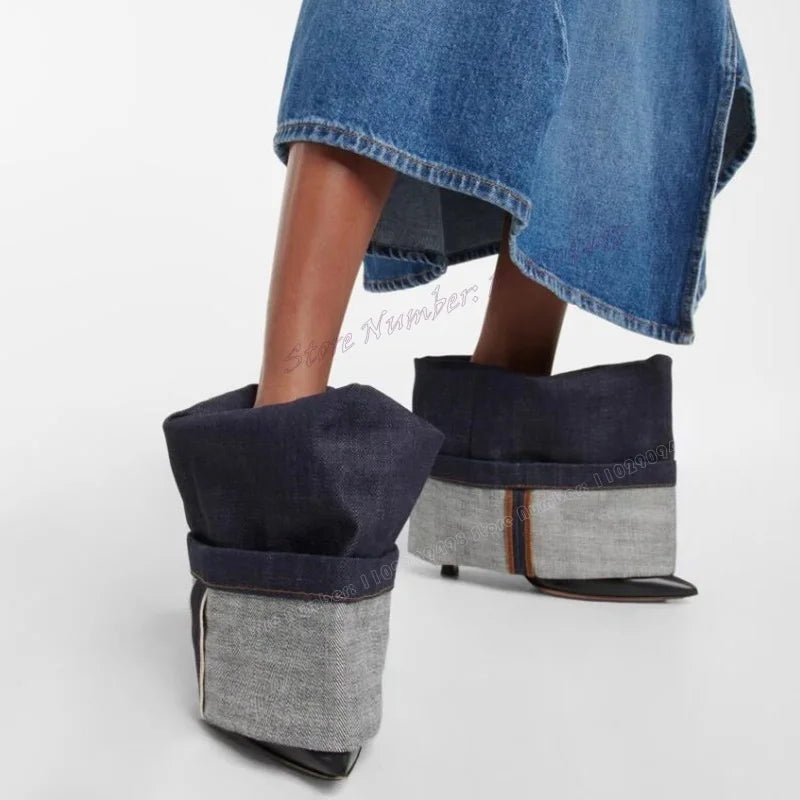 Blue Denim Patchwork Mid Calf Boots Pointed Toe Shoes