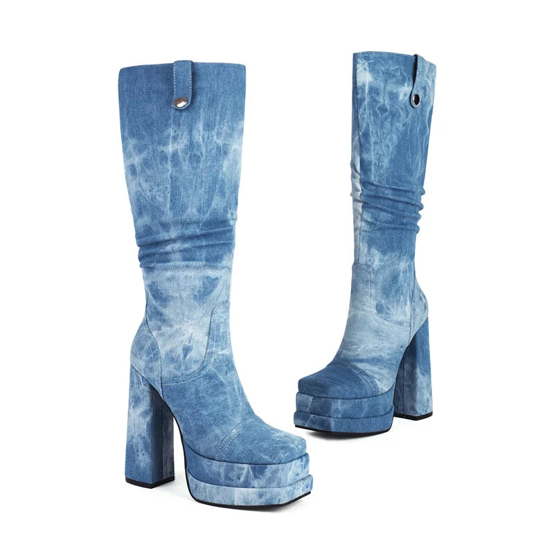 Denim Boots Chunky Platform Shoes y2k Style Winter Knee High Boots