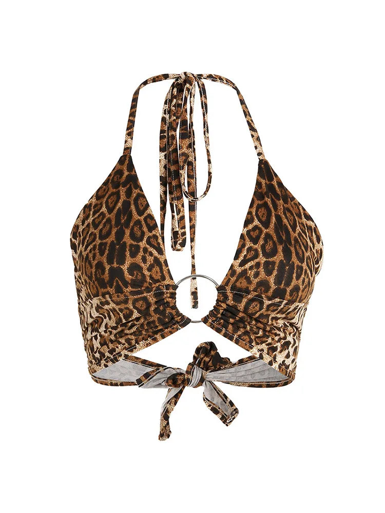Leopard Printed Halter Crop Top Women