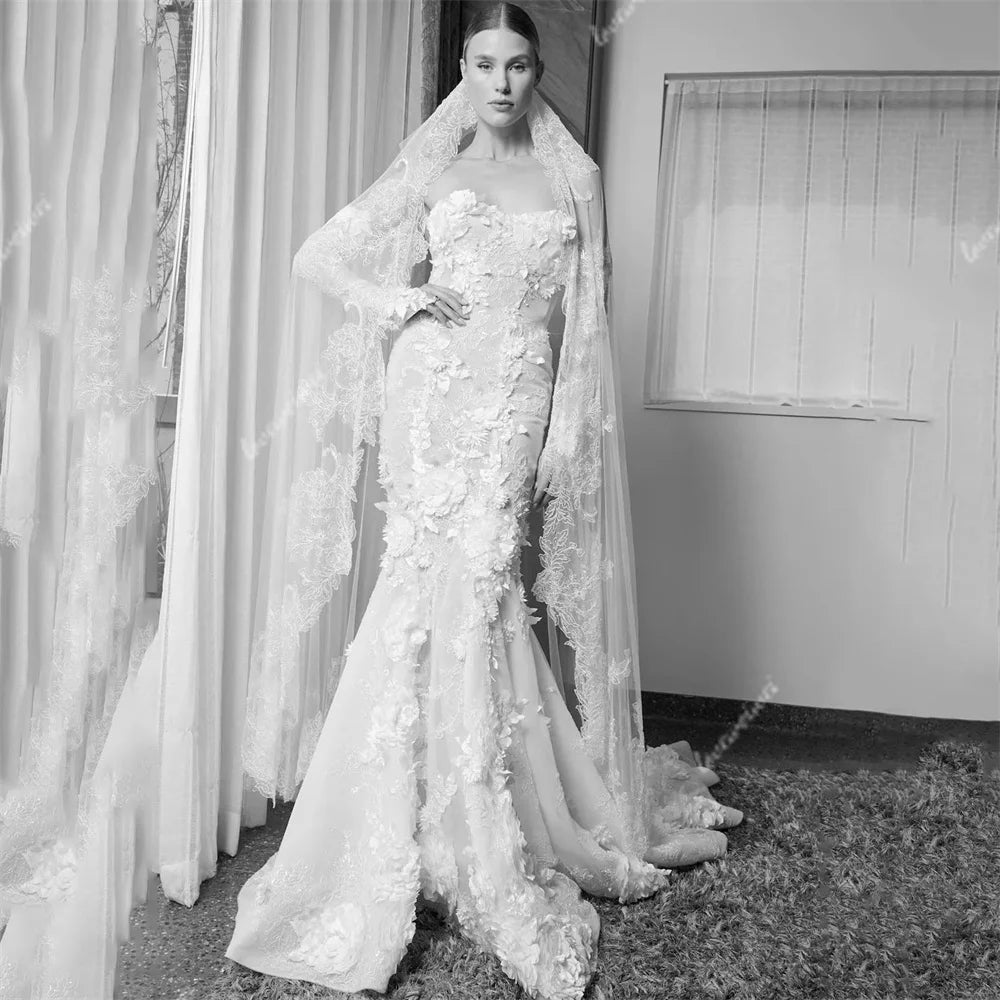 Modest Mermaid Lace Wedding Dresses Women Bride Dress Detachable Sleeve 3D Flowers Bridal Gown vestido de novia