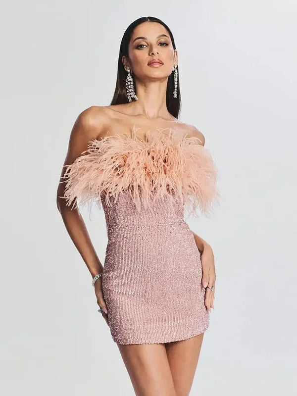 Strapless Backless Sequins Feather Tight Mini Dress Elegant Celebrity Party Dress