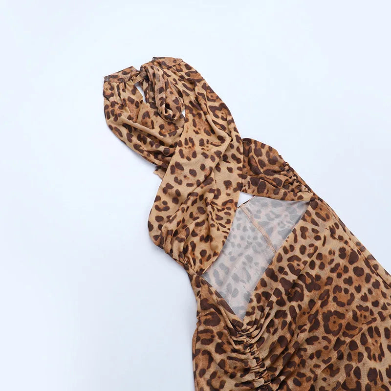 Women Leopard Print Bodycon Maxi Dress Hollow Out Cross Halter Lace Up Backless Drawstring Split Holiday Party Long Dress