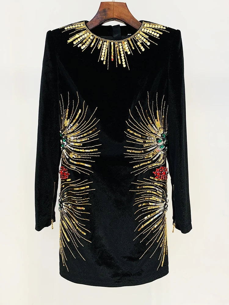 Newest Designer Fashion Women's Long Sleeve Stunning Sequined Rhinestone Diamonds Beaded Velvet Dress