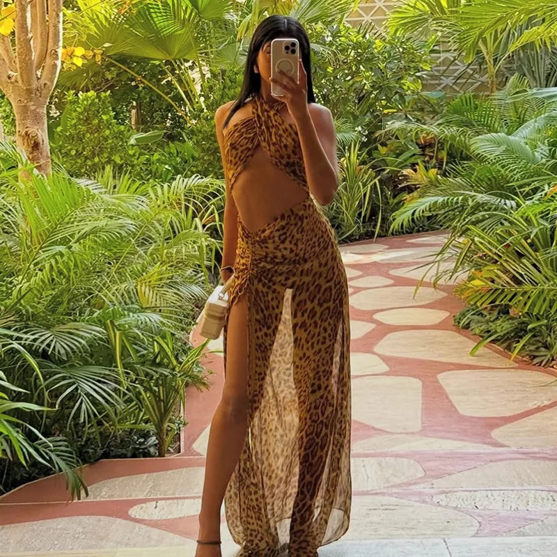 Women Leopard Print Bodycon Maxi Dress Hollow Out Cross Halter Lace Up Backless Drawstring Split Holiday Party Long Dress