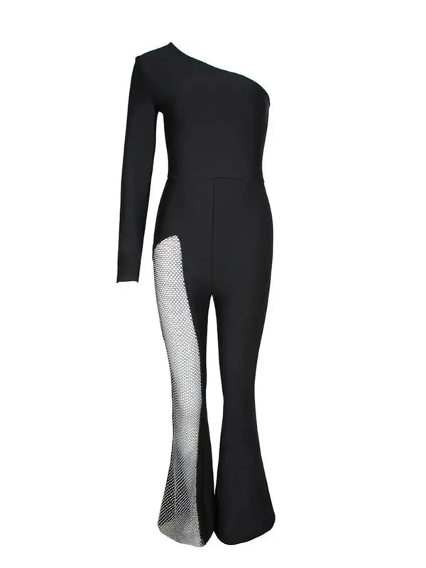 Designer One Shoulder Diamonds Crystal Black Bandage Jumpsuit Bodycon High Street Celebrity Boot Cut Jumpsuit Rompers