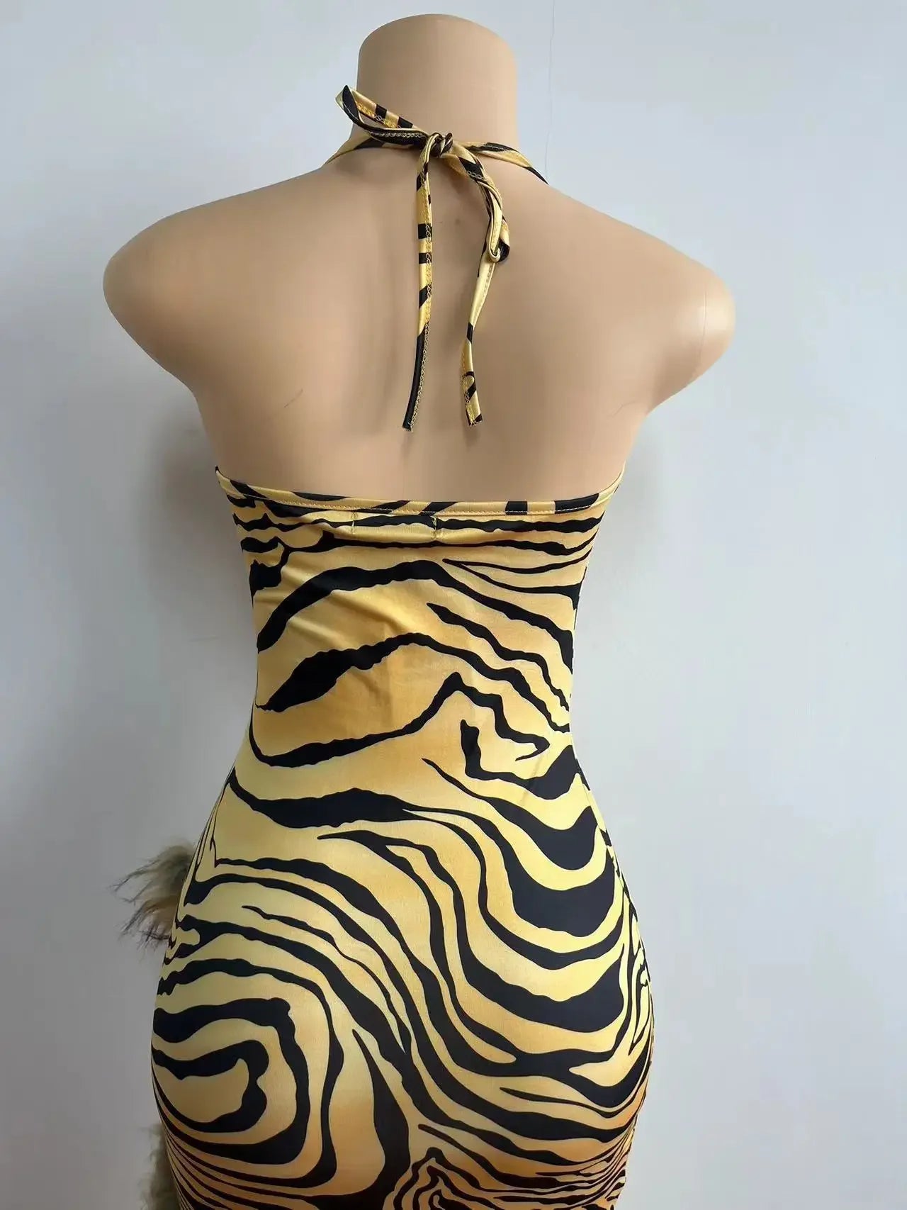 Women Leopard Print Feather High Side Split Strapless Long Midi Dress