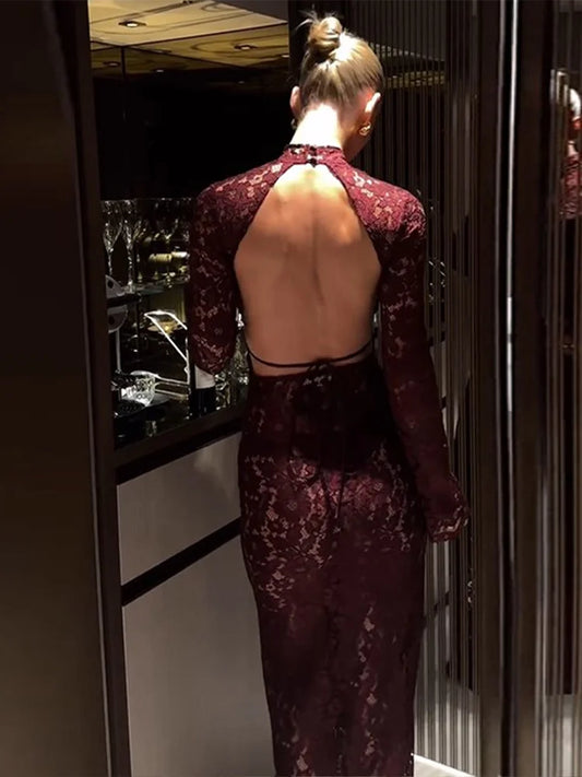 Backless Lace See Through Maxi Dress