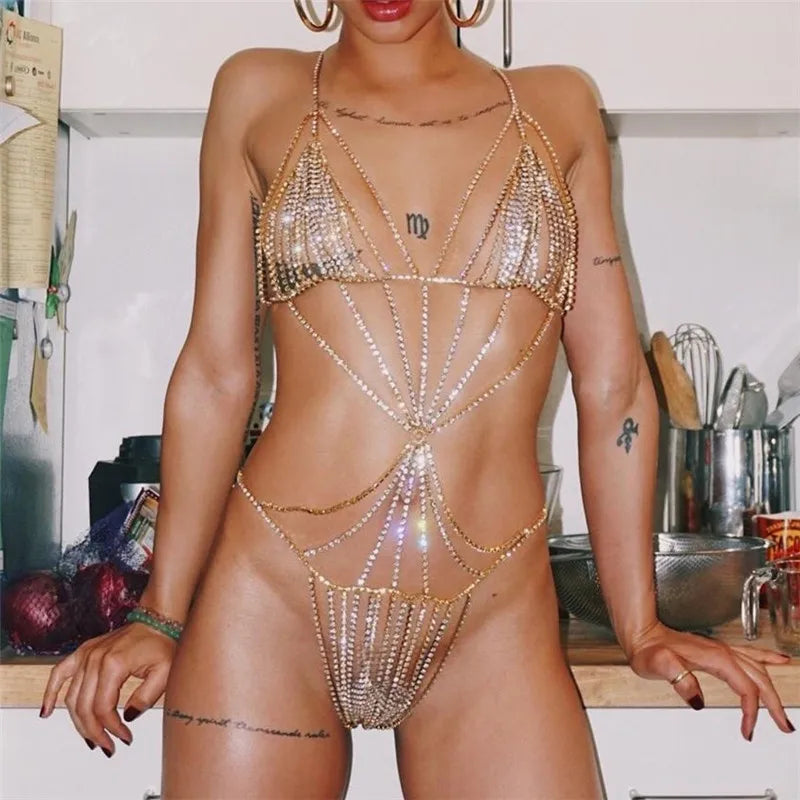 Rhinestone Body Jewelry Underwear Chain for Party Bra Set Bikini