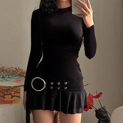 Ruffles Short Dress Autumn Spring Long Sleeve O Neck 3D Flower Decorated Pleated Mini Dress