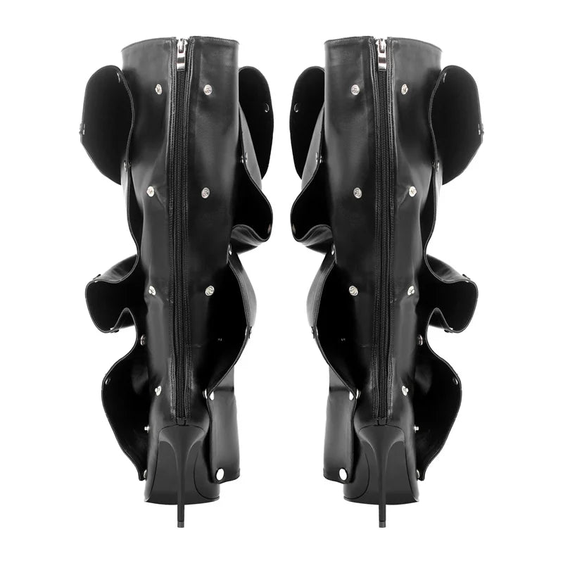 Pointed Toe Pleated Thin Heel Knee High Boots Back Zipper Fashion Buttons Stiletto Removable Boots