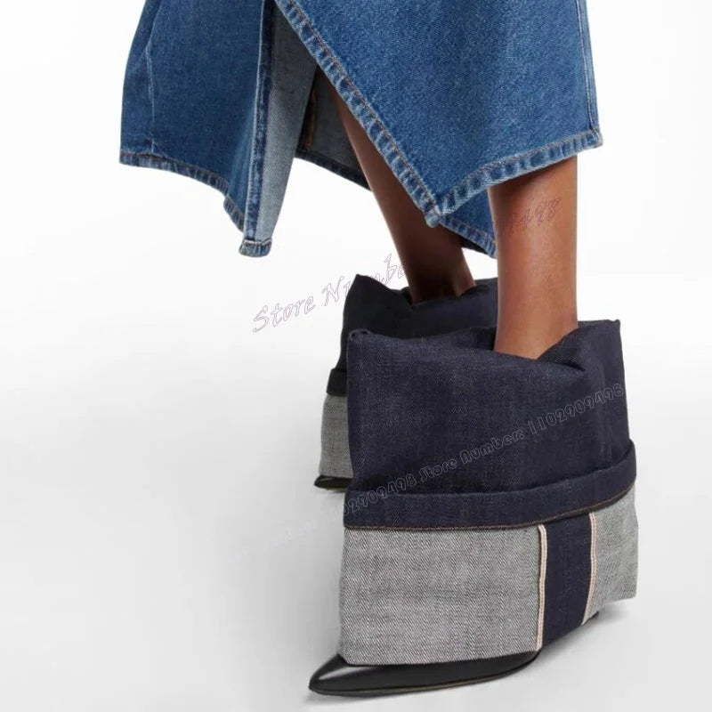 Blue Denim Patchwork Mid Calf Boots Pointed Toe Shoes