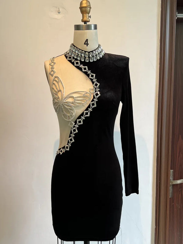 Women Luxury Long Sleeve Turtleneck Beaeding Diamonds Black Mini Bodycon Gowns Dress