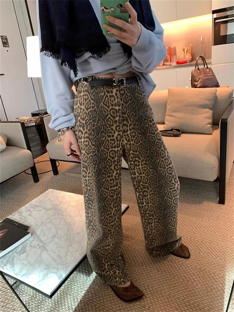 Leopard Print Jeans High Waisted Vintage Wide Leg Denim Trousers