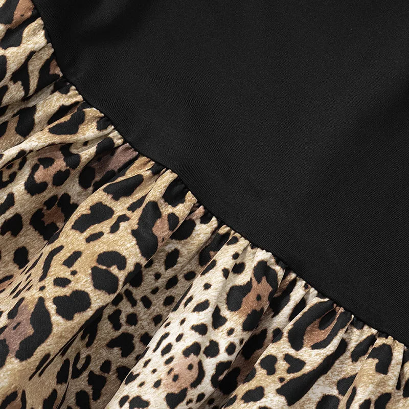 Chic Spliced Leopard Print Dress for Women Off Shoulder Strapless Slim Mini Dress