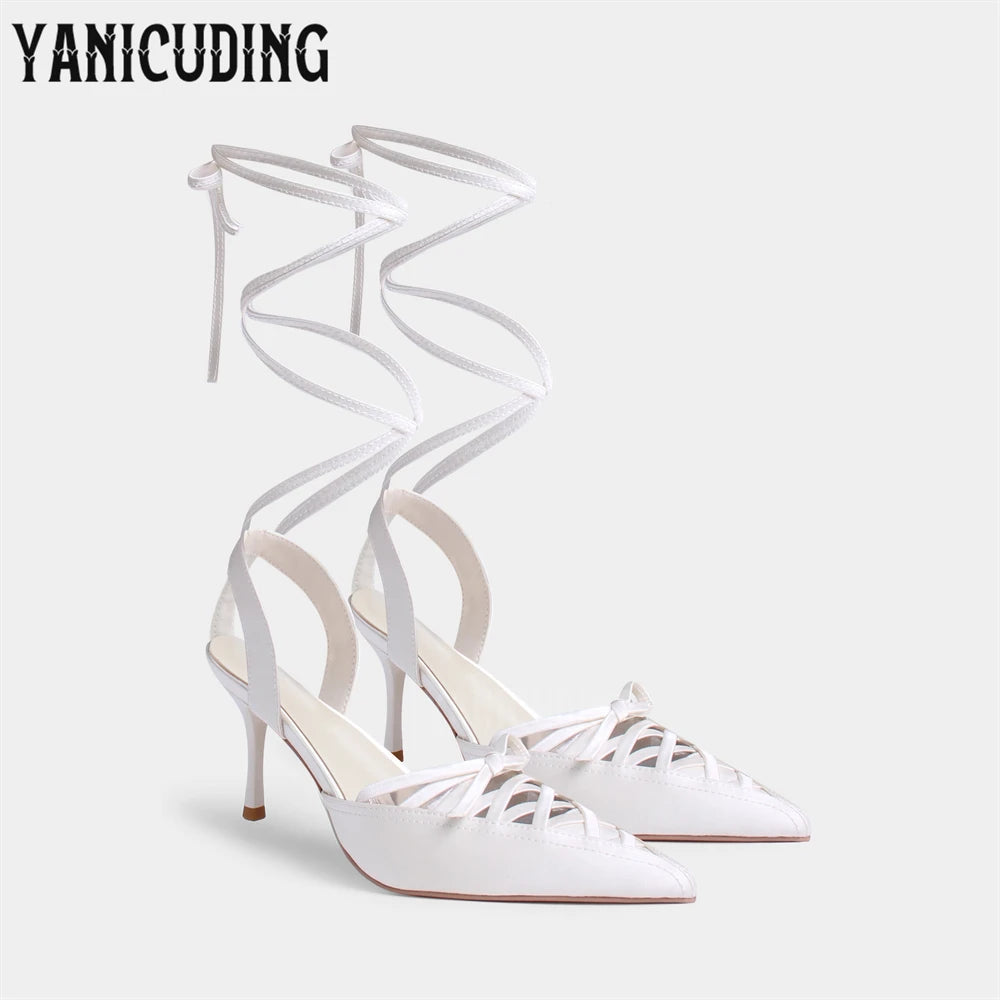 Pointed Toe Strappy Stilettos Women's Satin Kitten Heels Summer Shoes Sweet Style Lace-Up Ankle Straps Summer Shoes New Arrival