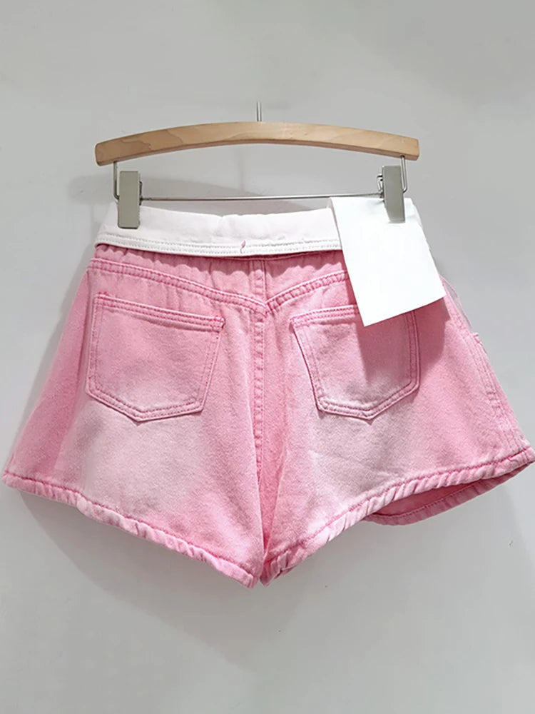 Denim Shorts Contrast Color Spliced Flower Design High Waist Wide Leg Short Pants