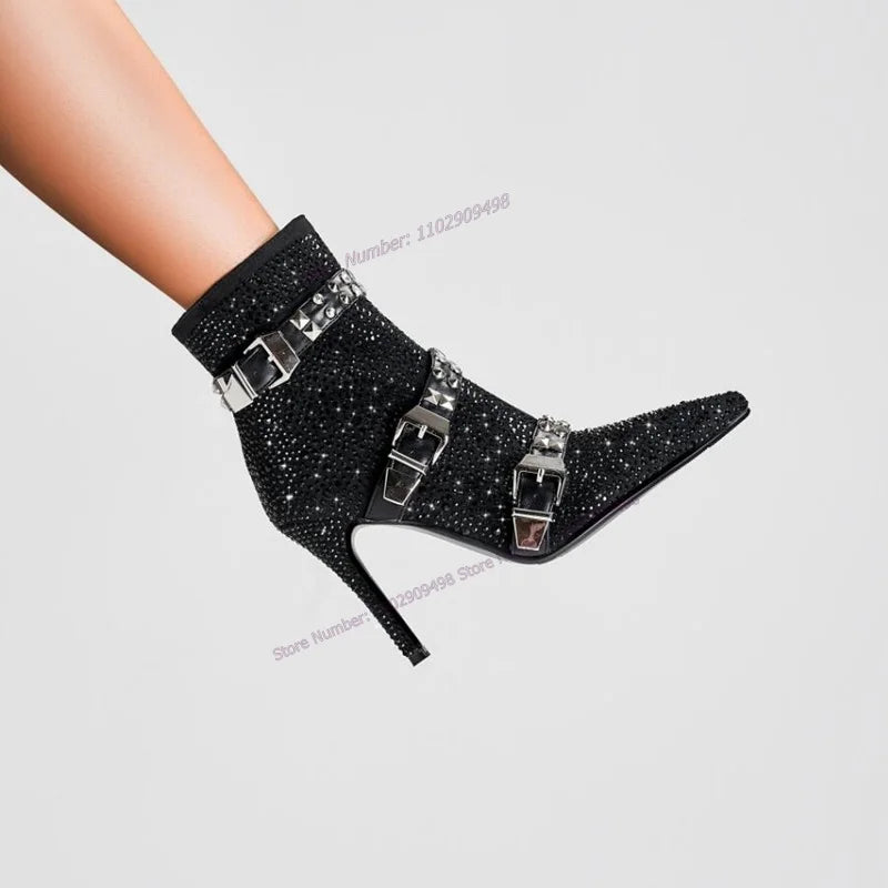 Black Crystal Decor Ankle Boots Strappy Decor Pointed Toe Shoes Thin High Heels