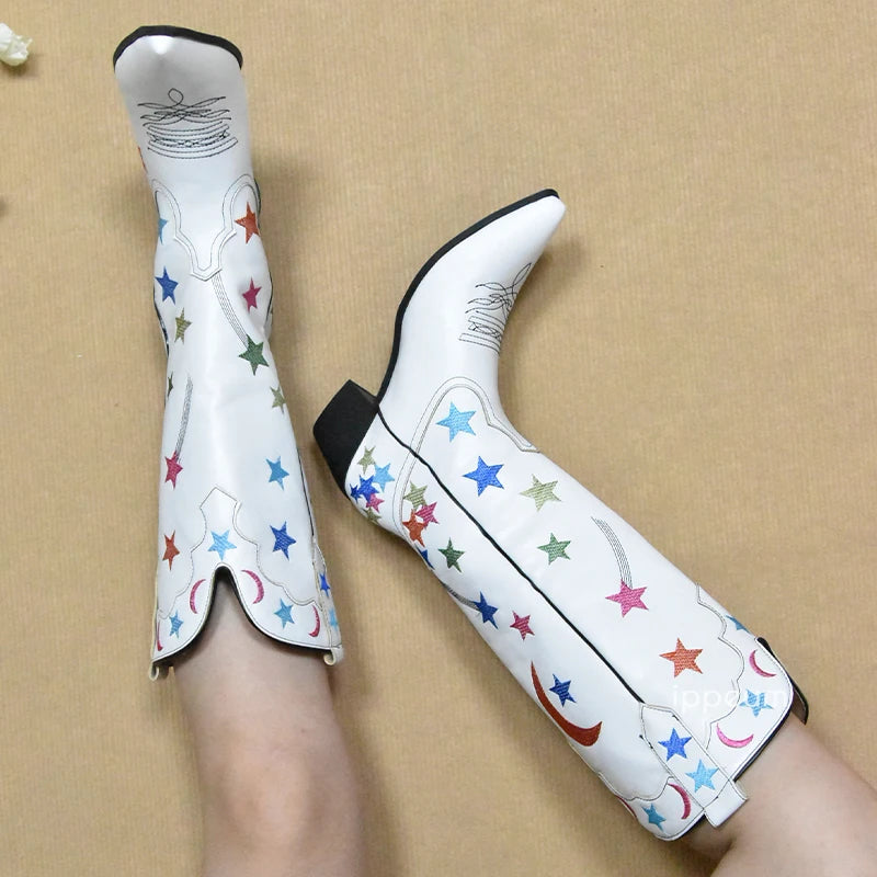 White Cowboy Boots Star Western Knee High Shoes