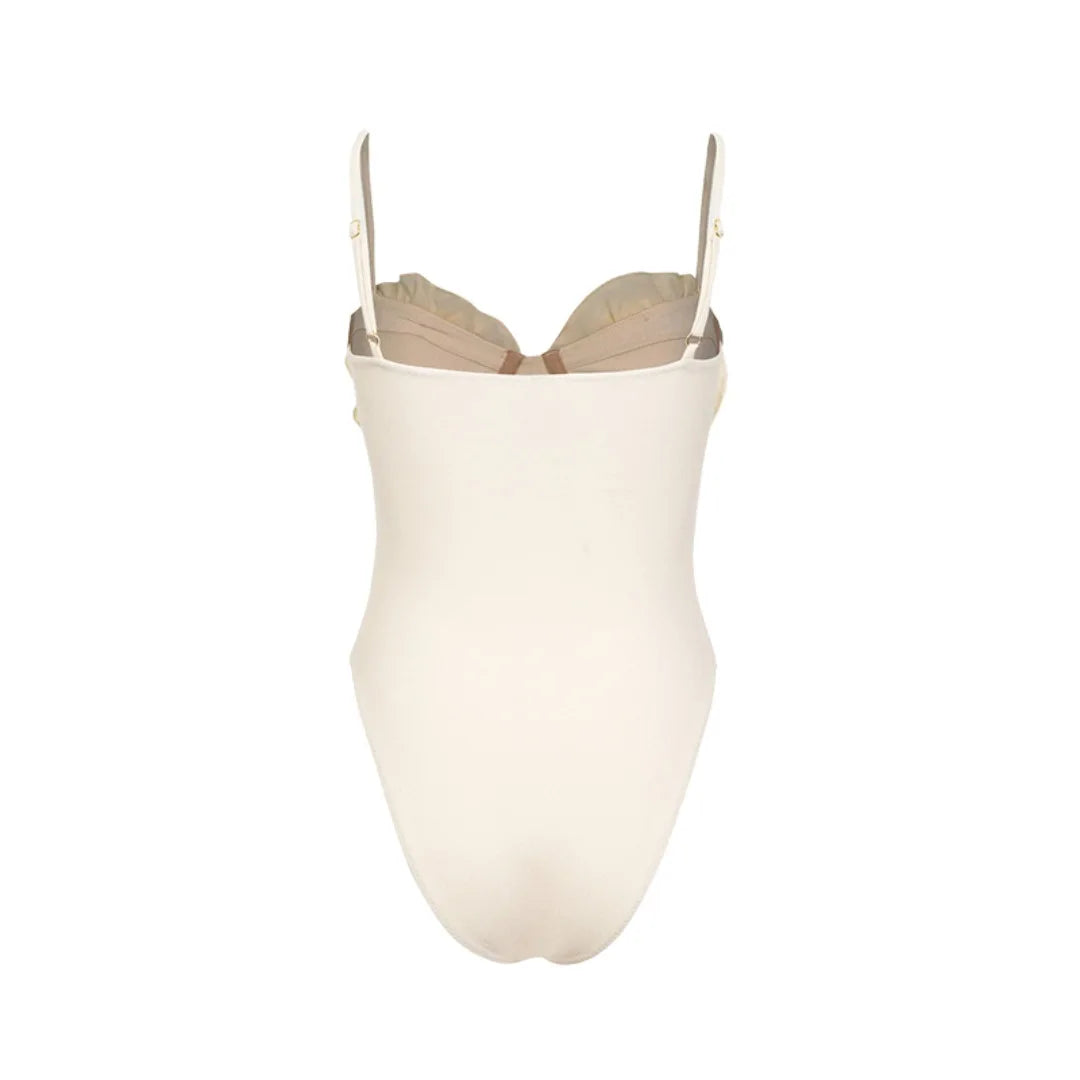 One-piece Swimsuit Flower Decorated High Waist Bikini Pure White Swimsuit