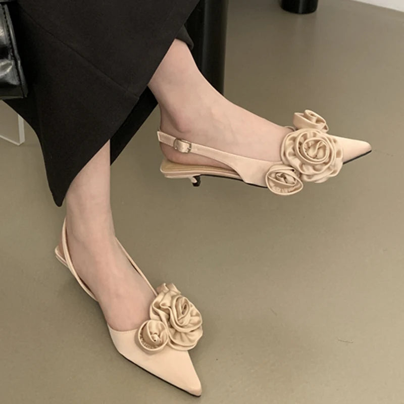 Pointed Toe Ladies Low Heel Sandals 3D flower Shoes