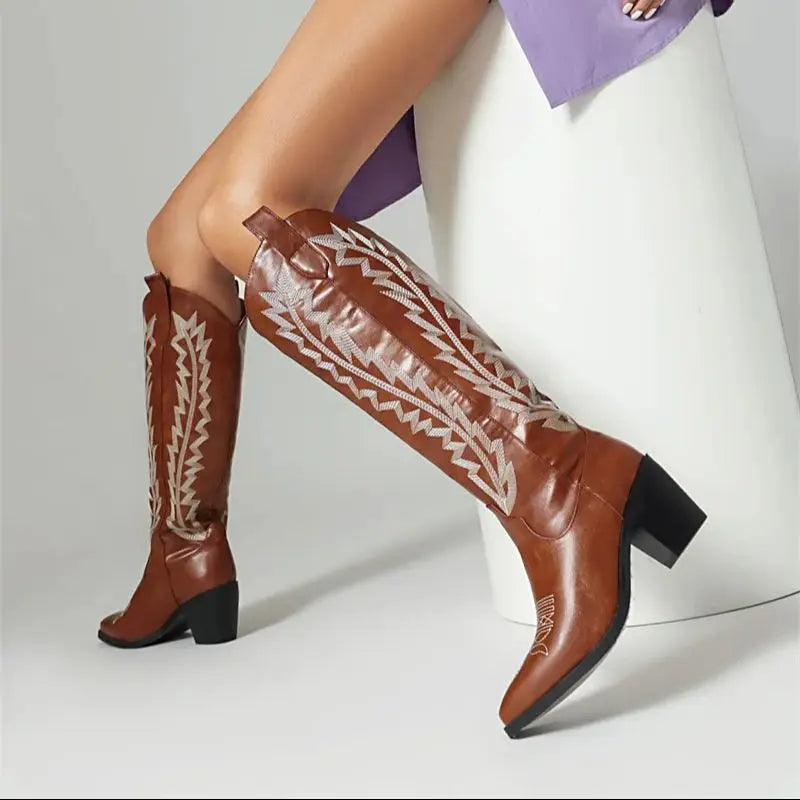 Botas Cowboy Western Knee High Boots Brown Chunky Heel Black Cowgirl Shoes