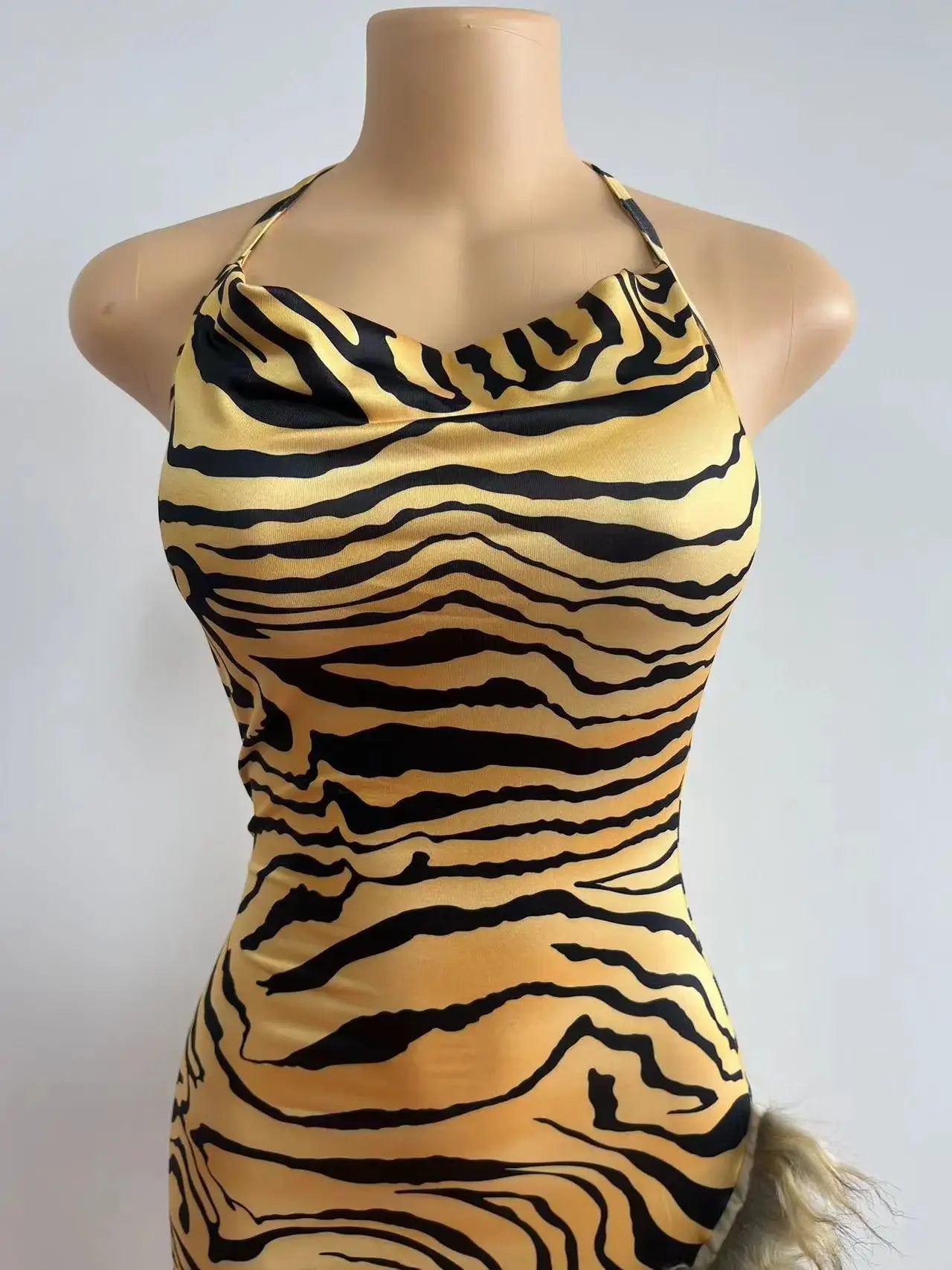 Women Leopard Print Feather High Side Split Strapless Long Midi Dress